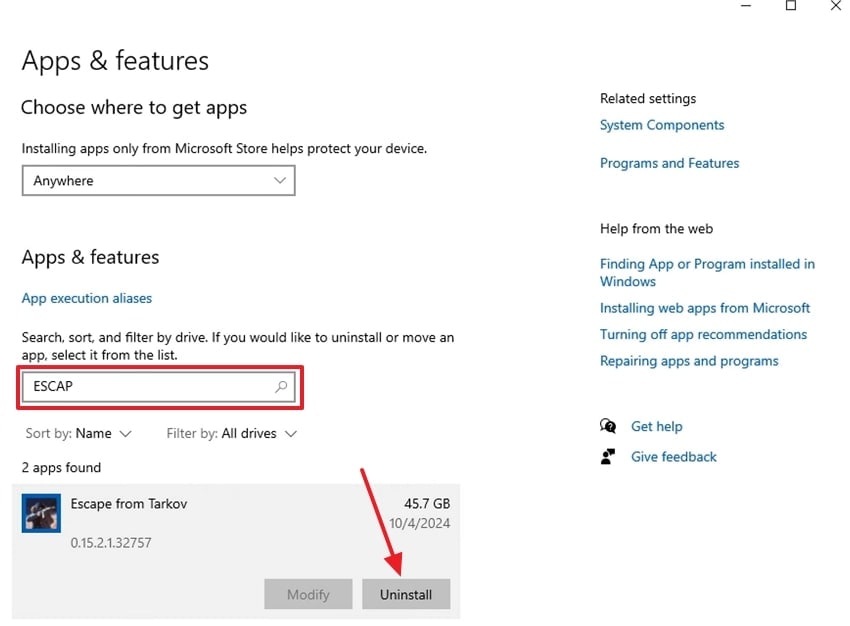 proceed to uninstall escape from tarkov