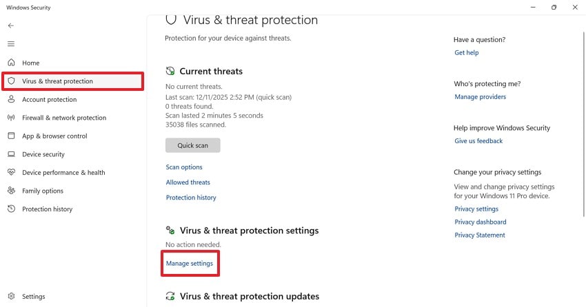 manage settings in windows security