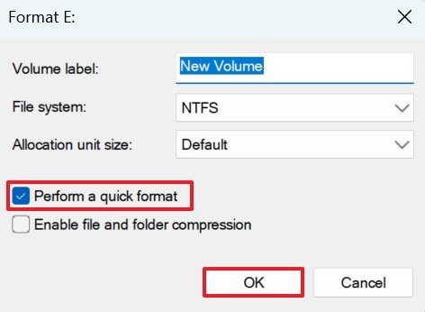 check or uncheck quick format option