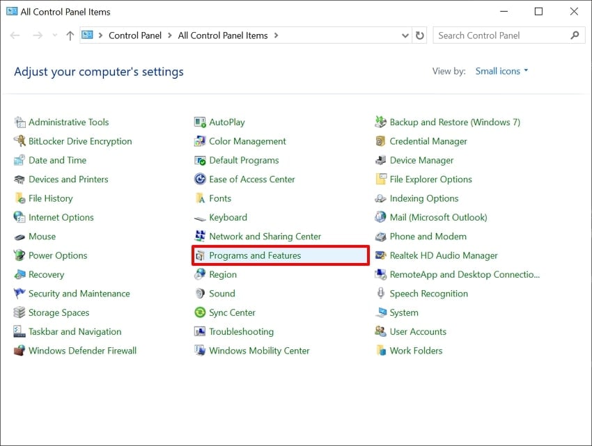 choose programs and features