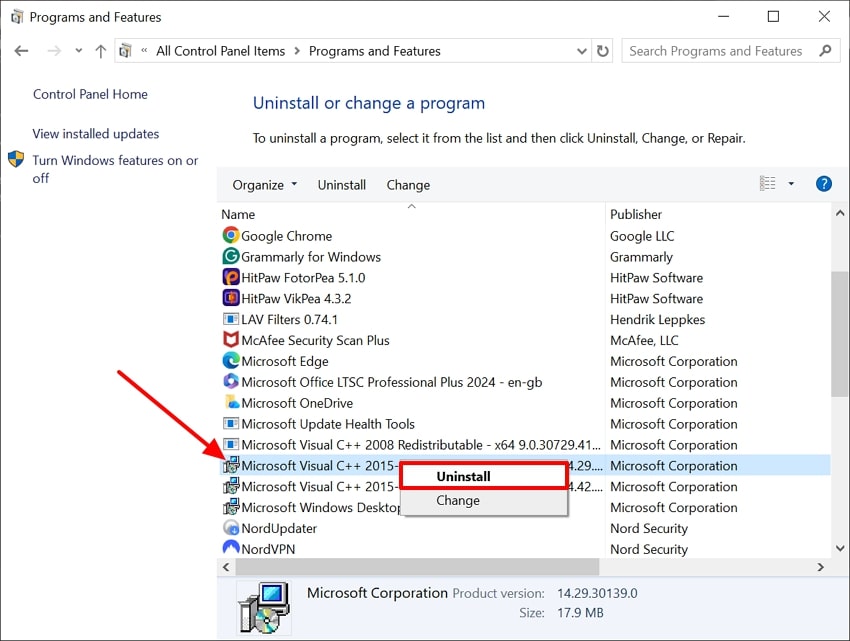choose uninstall option control panel