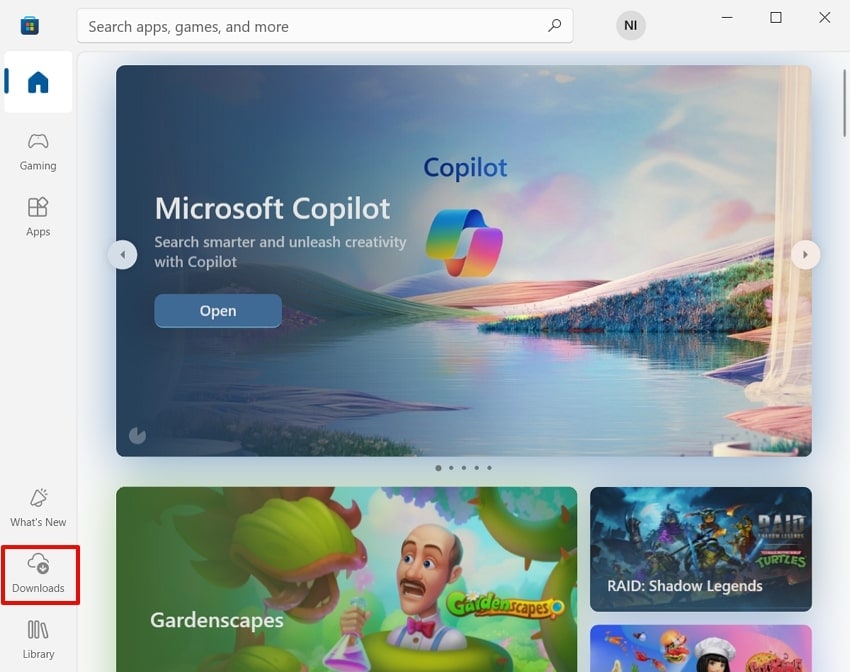 click downloads option in microsoft store
