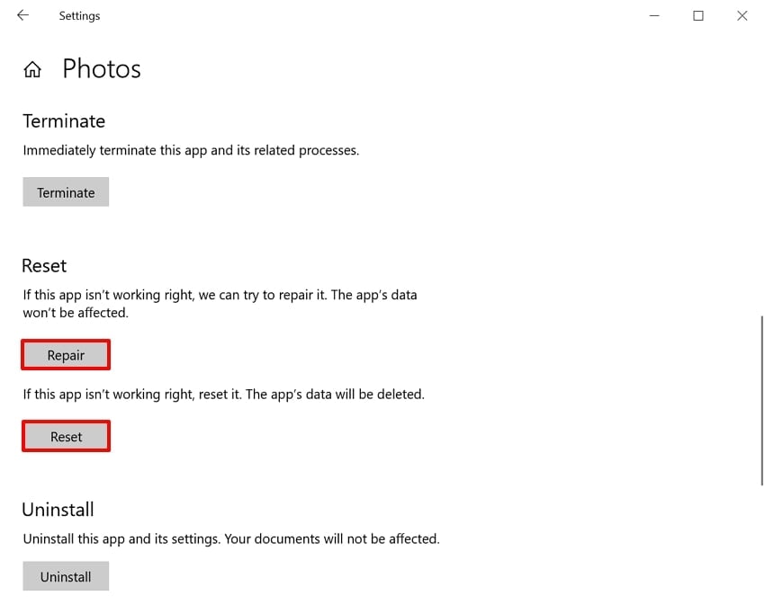 choose repair and reset buttons