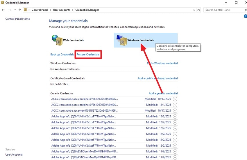 restore windows credentials