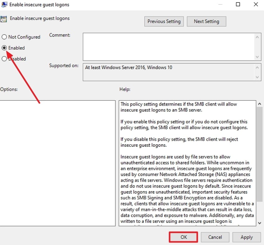 enable insecure guest logons