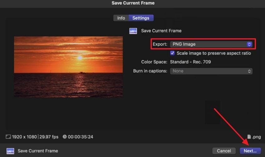 select output format and export frame