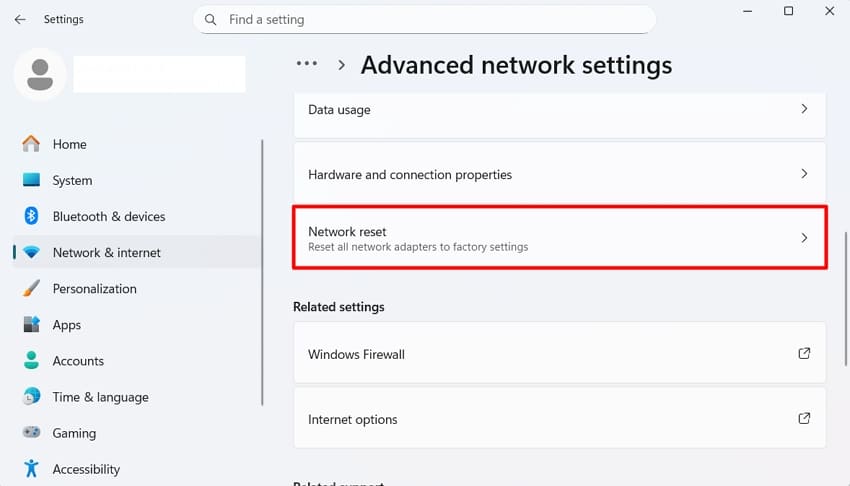 open network reset settings