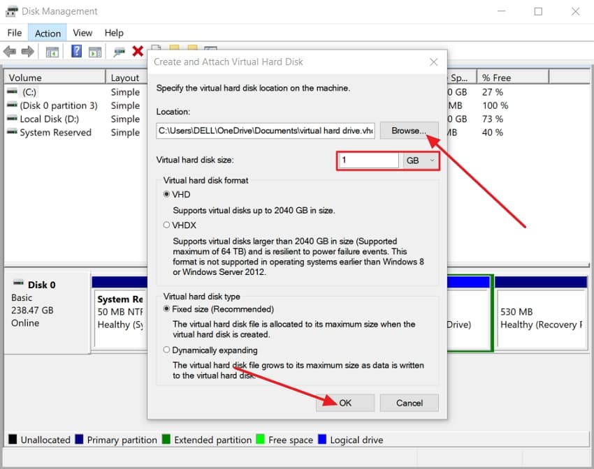 set vhd location size