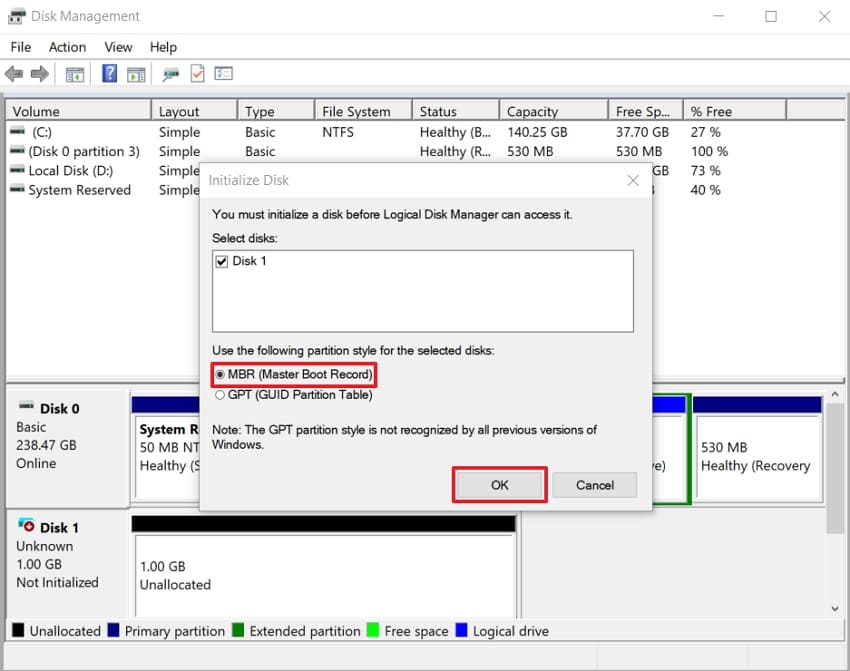 initialize disk with master boot record