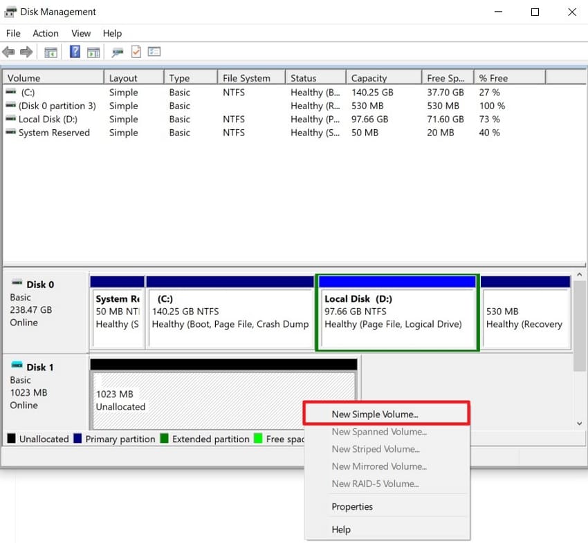 create new simple volume drive
