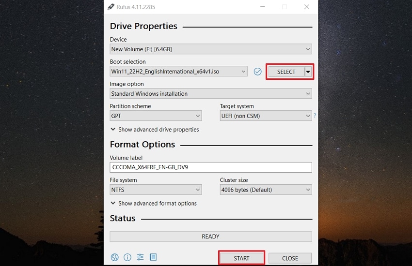 choose windows 11 iso file rufus tool