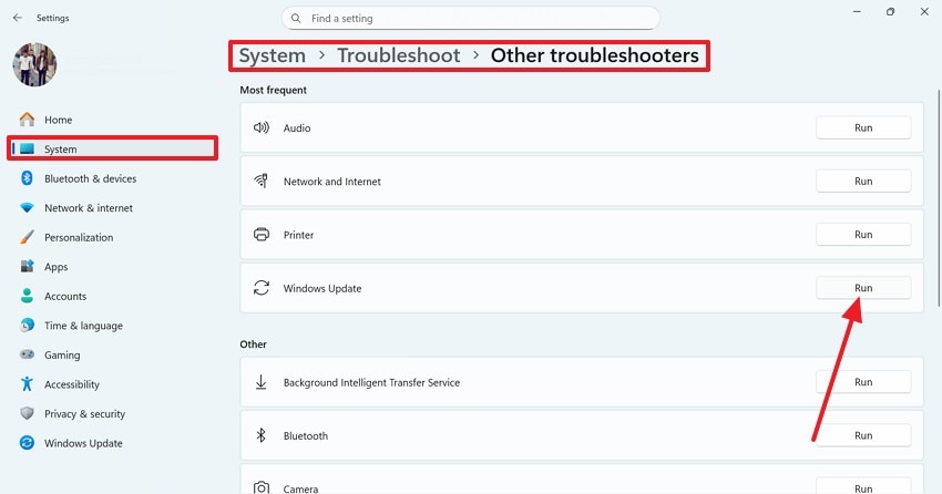 run windows update in system tab