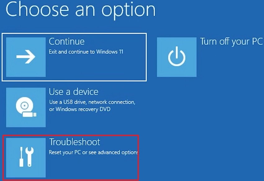 click troubleshoot in windows recovery tool