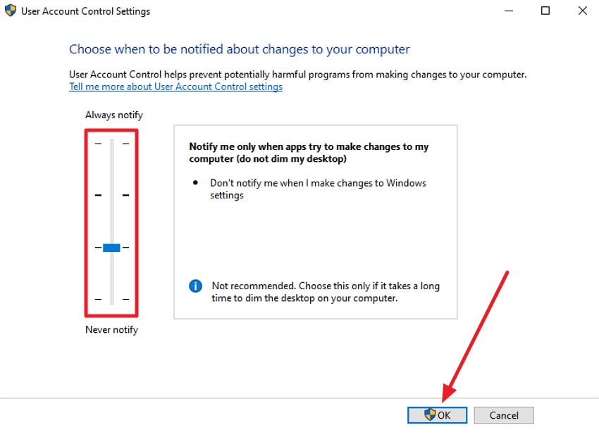adjust the notification bar uac