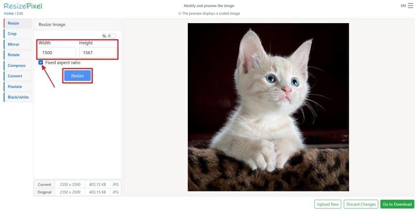 change pixel dimensions
