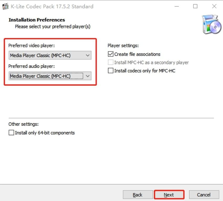 select installation preferences for video audio