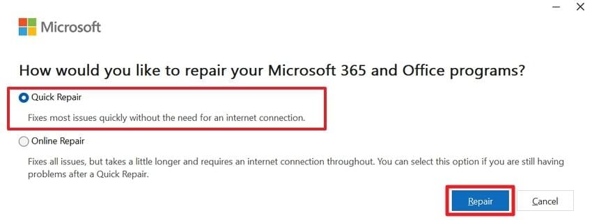 choose quick repair and repair