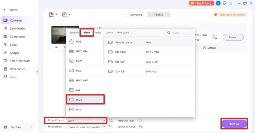 choose output format and convert video