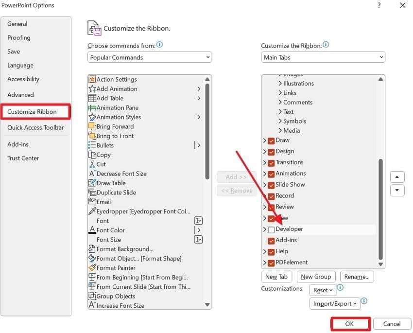 choose customize ribbon and tick developer