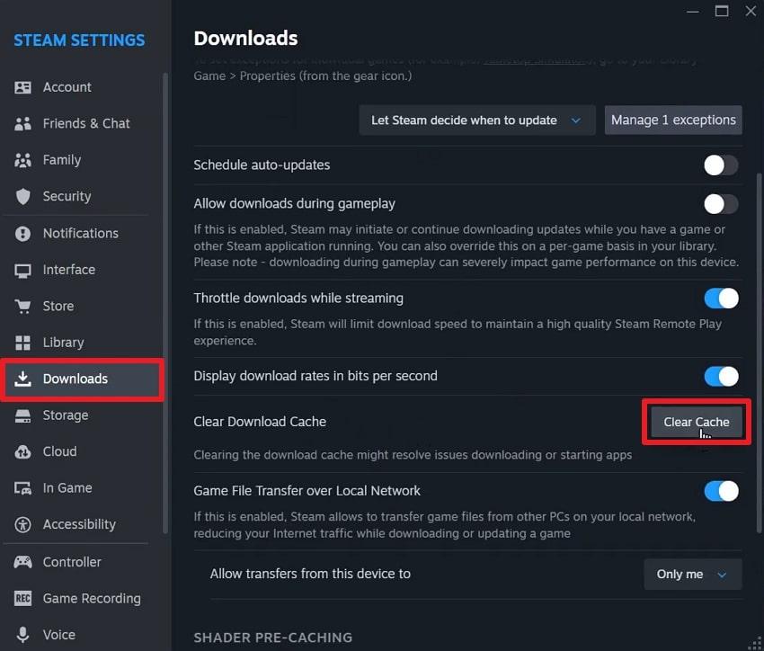 clear download cache on steam
