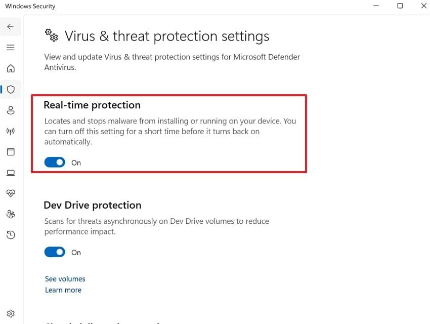 toggle off real time protection