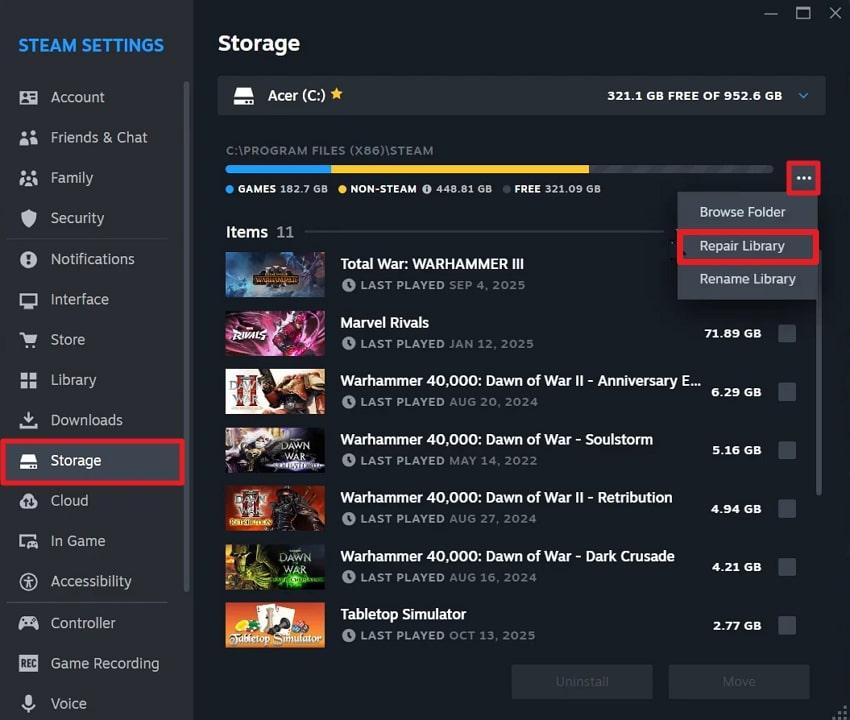 repair steam storage library