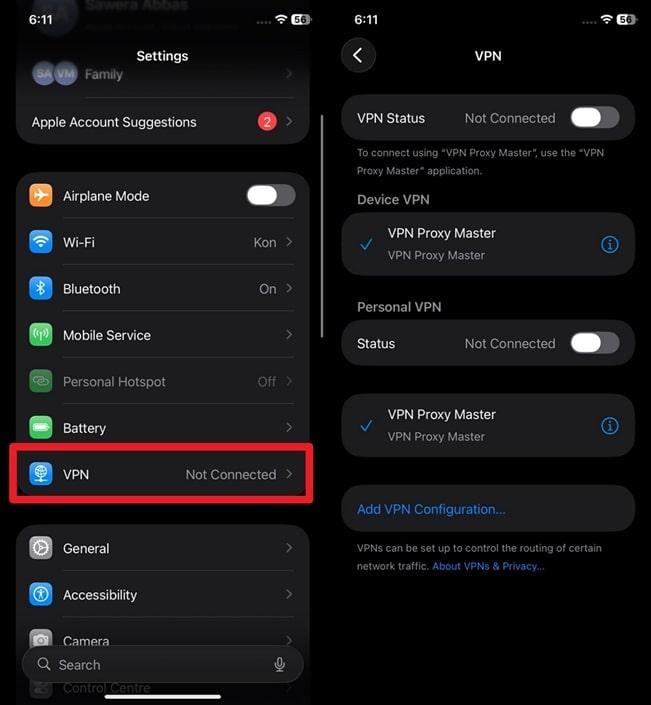 toggle off vpn services on iphone