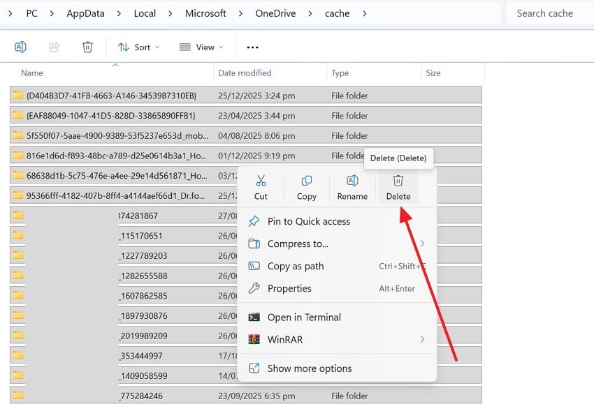 delete onedrive cache files