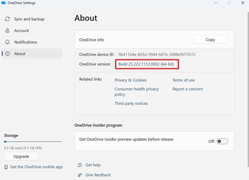 choose your onedrive build number