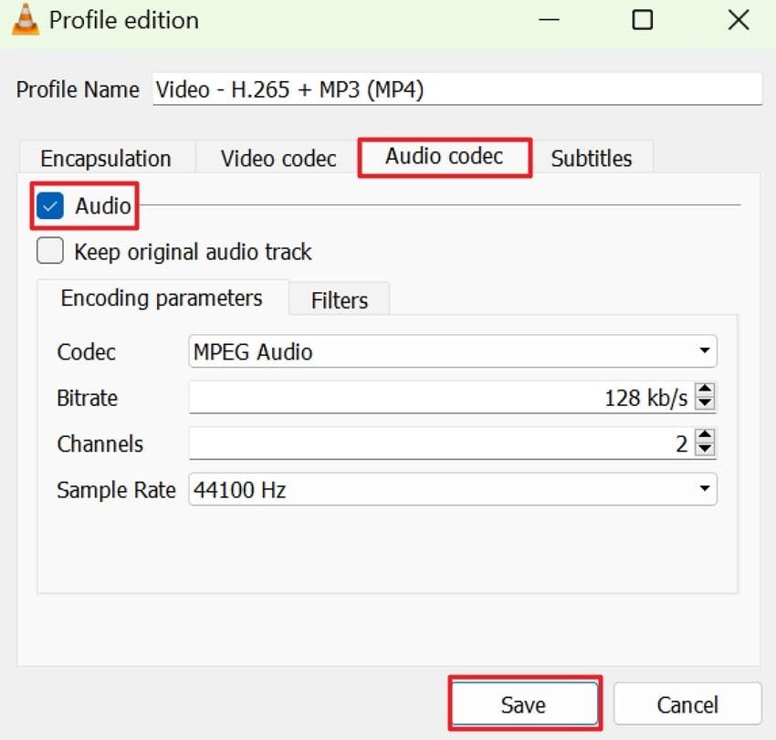 access audio codec option