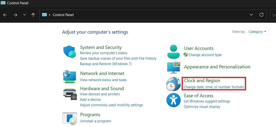 clock and region control panel