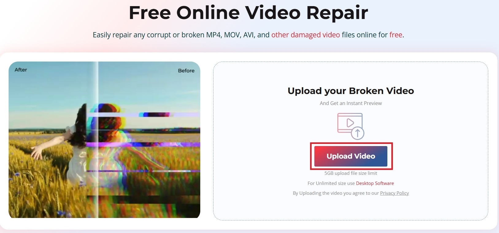 stellar online video repair upload video button