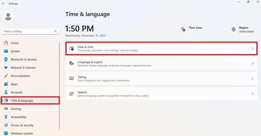 access date and time option