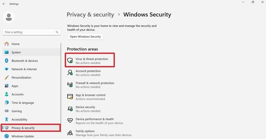 choose virus and threat protection option