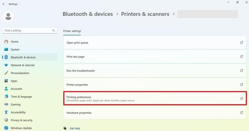 select printer preferences