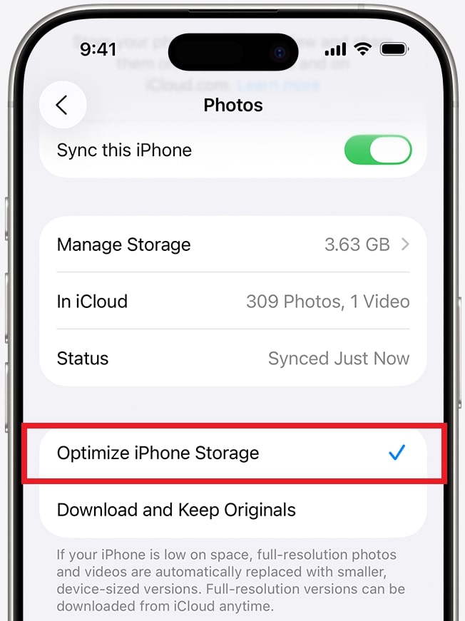 turn off icloud optimize storage