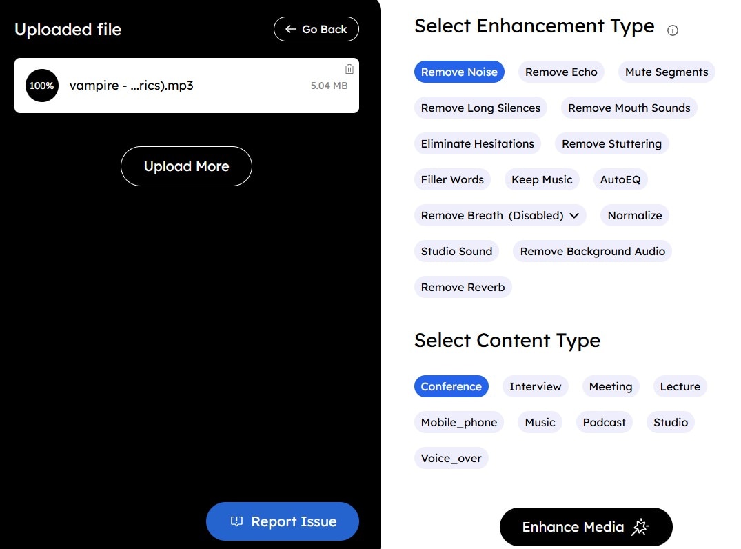 enhance audio file using audiocleaner