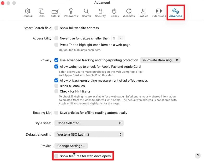 access advanced settings for safari