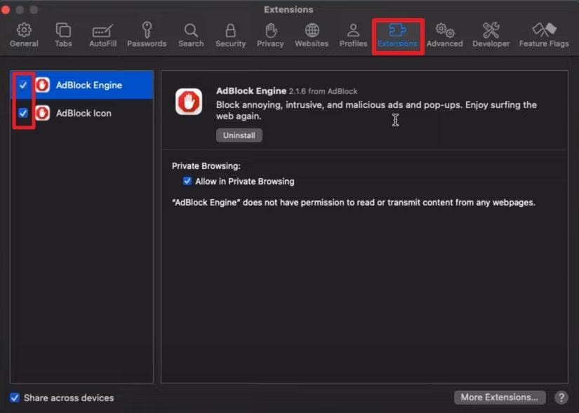 disable extension on safari