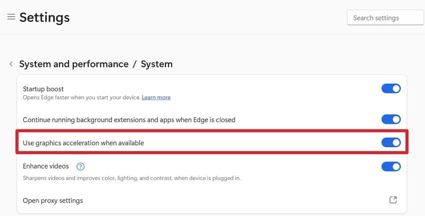 toggle graphics acceleration from system