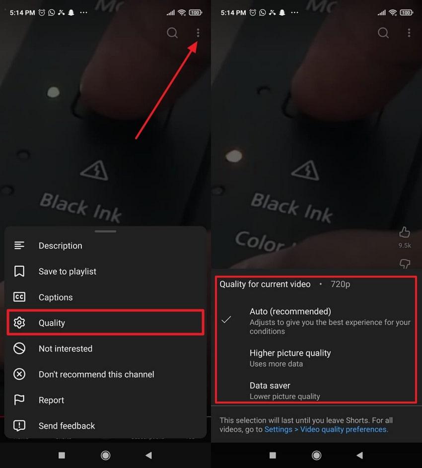 adjust playback quality on shorts