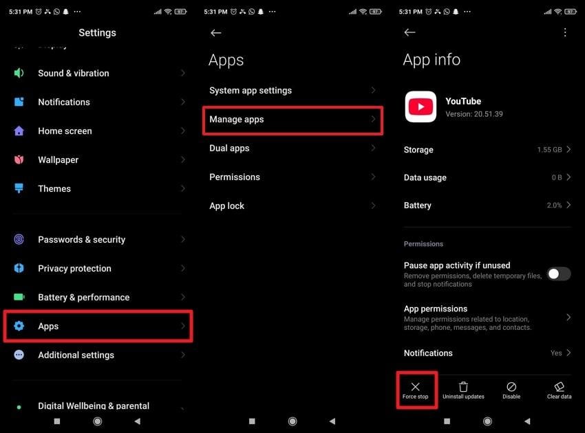 force stop youtube on android