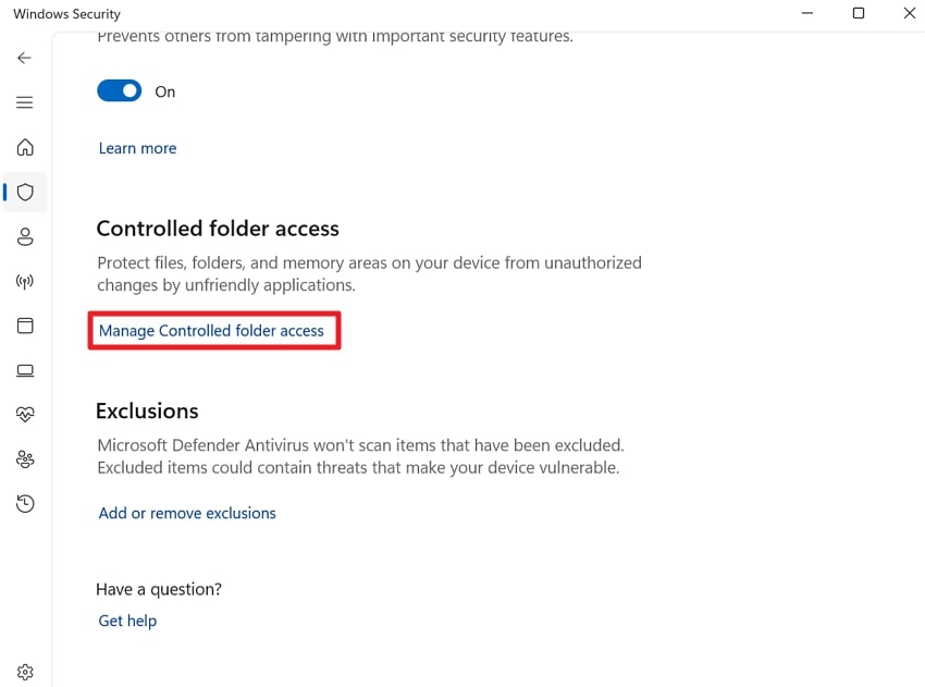 click manage controlled folder access