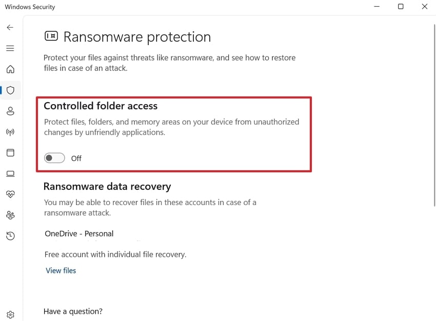 toggle off controlled folder access