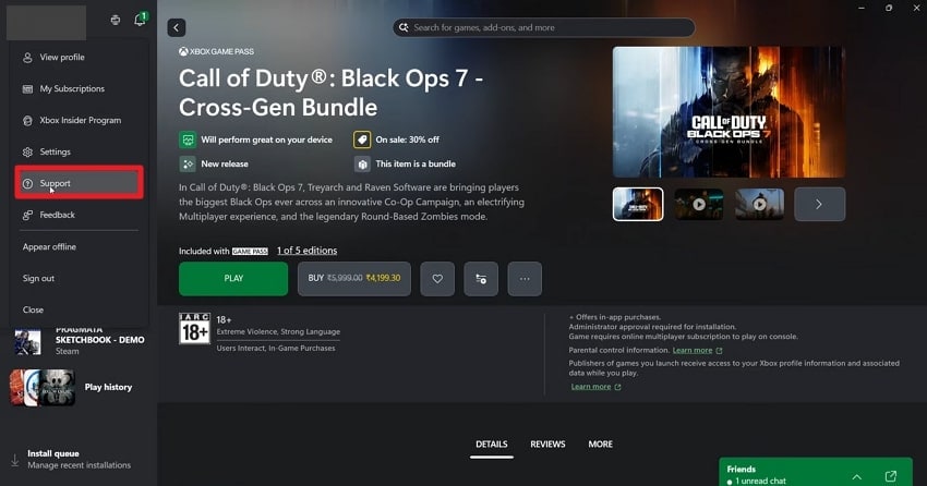 choose support option on xbox app