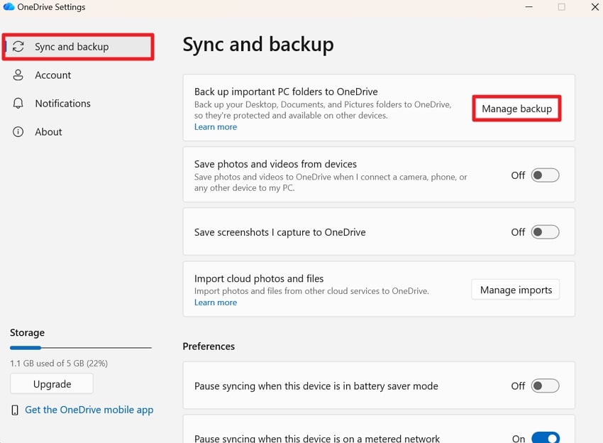 press manage backup option