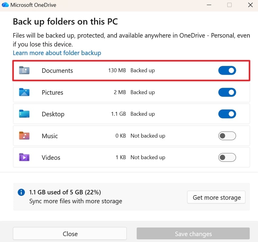 toggle off documents folder