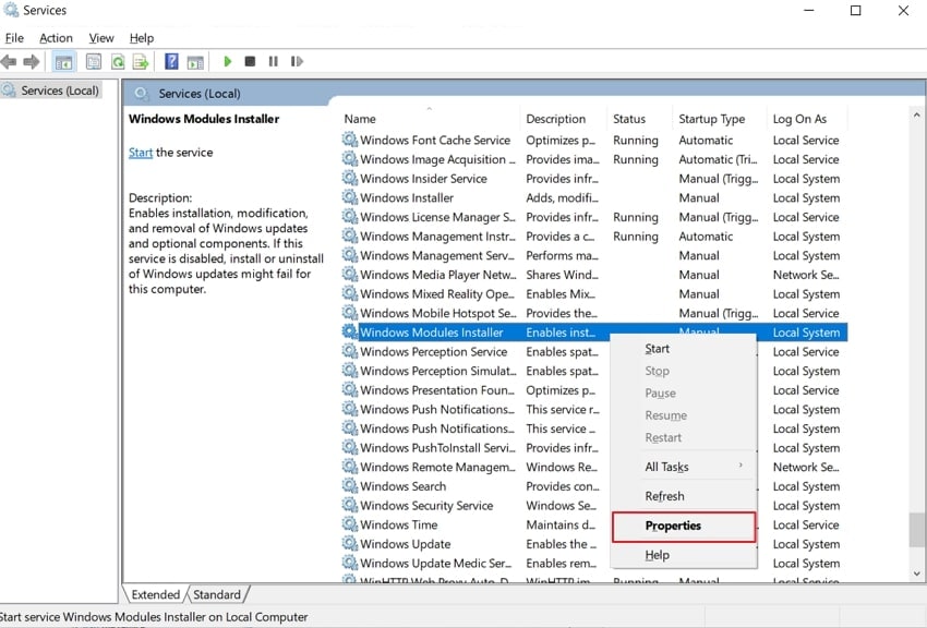 go windows modules installer properties