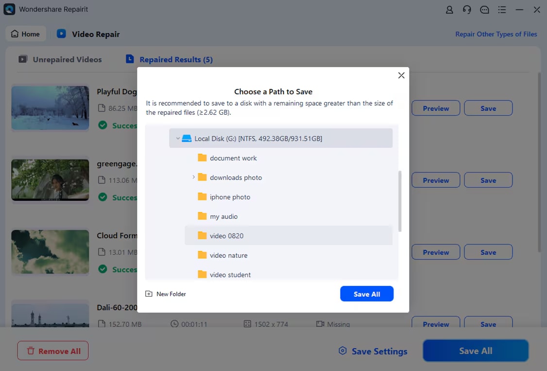 save repaired video file