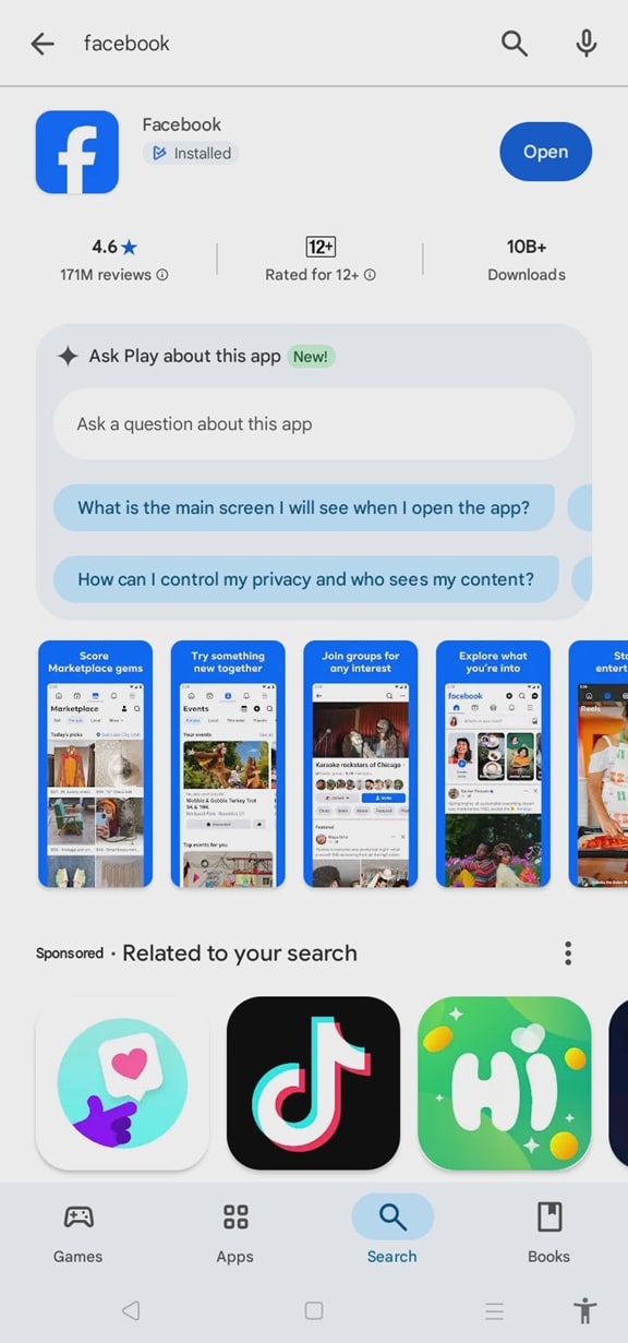 search facebook app in google play store